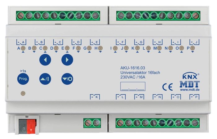 MDT Technologies Universalaktor AKU 16-fach 8TE REG,16A,230VAC,100µF AKU-1616.03 – Bild 1