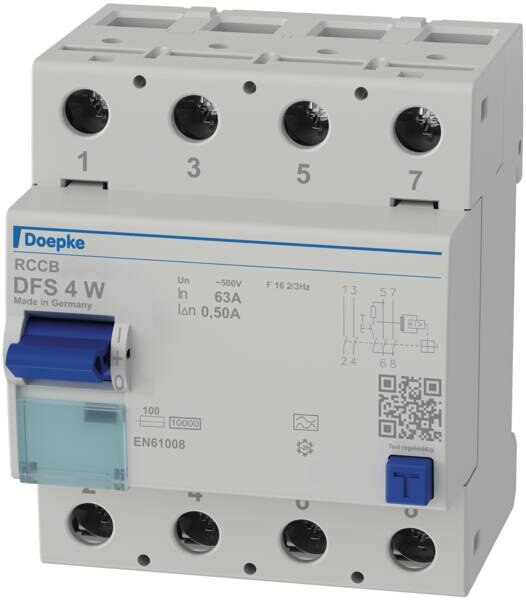 DOEPKE FI-Schutzschalter A 4-polig 550V 63A DFS4W 063-2/0,50-A 0,5A 4TE Reiheneinbaugerät 10kA