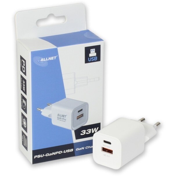 Allnet Z ALLNET Ersatznetzteil QC USB-C PD GaN Netzteil Power Supply33Watt 1x USB Typ-A QC 1x USB Typ-C**EU PLUG**