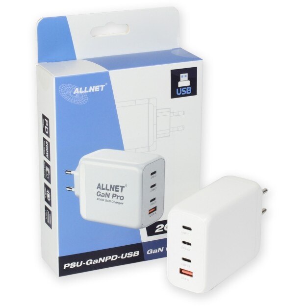 Allnet Z ALLNET Ersatznetzteil QC USB-C PD GaN Netzteil Power Supply200Watt 1x USB Typ-A QC 3x USB Typ-C**EU PLUG**