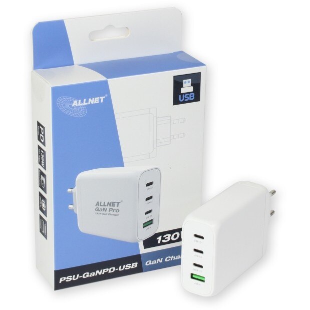Allnet Z ALLNET Ersatznetzteil QC USB-C PD GaN Netzteil Power Supply130Watt 1x USB Typ-A QC 3x USB Typ-C**EU PLUG**