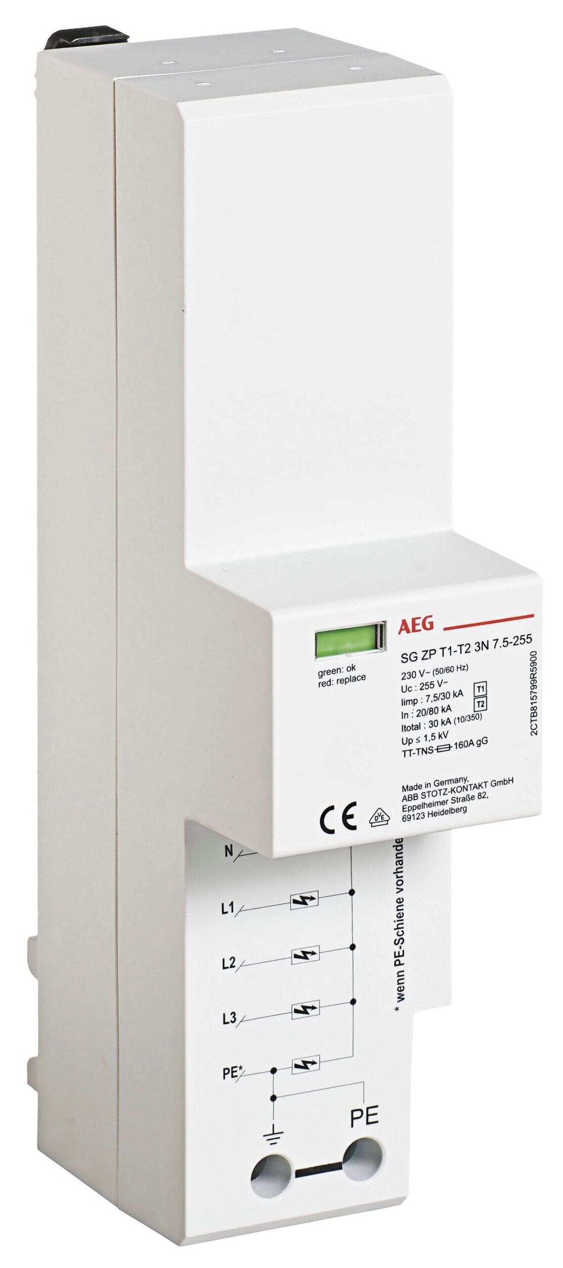 AEG AEG Kombi-Ableiter Oberteil 4-polig 230VAC SG ZP 3N 7.5-255 1,5kV 3TE Basiselem