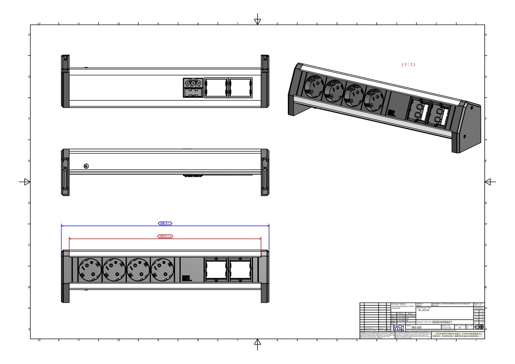 Bachmann Bachmann Steckdosenleiste 4/f schwarz 0,2m 902.032 35° IP20