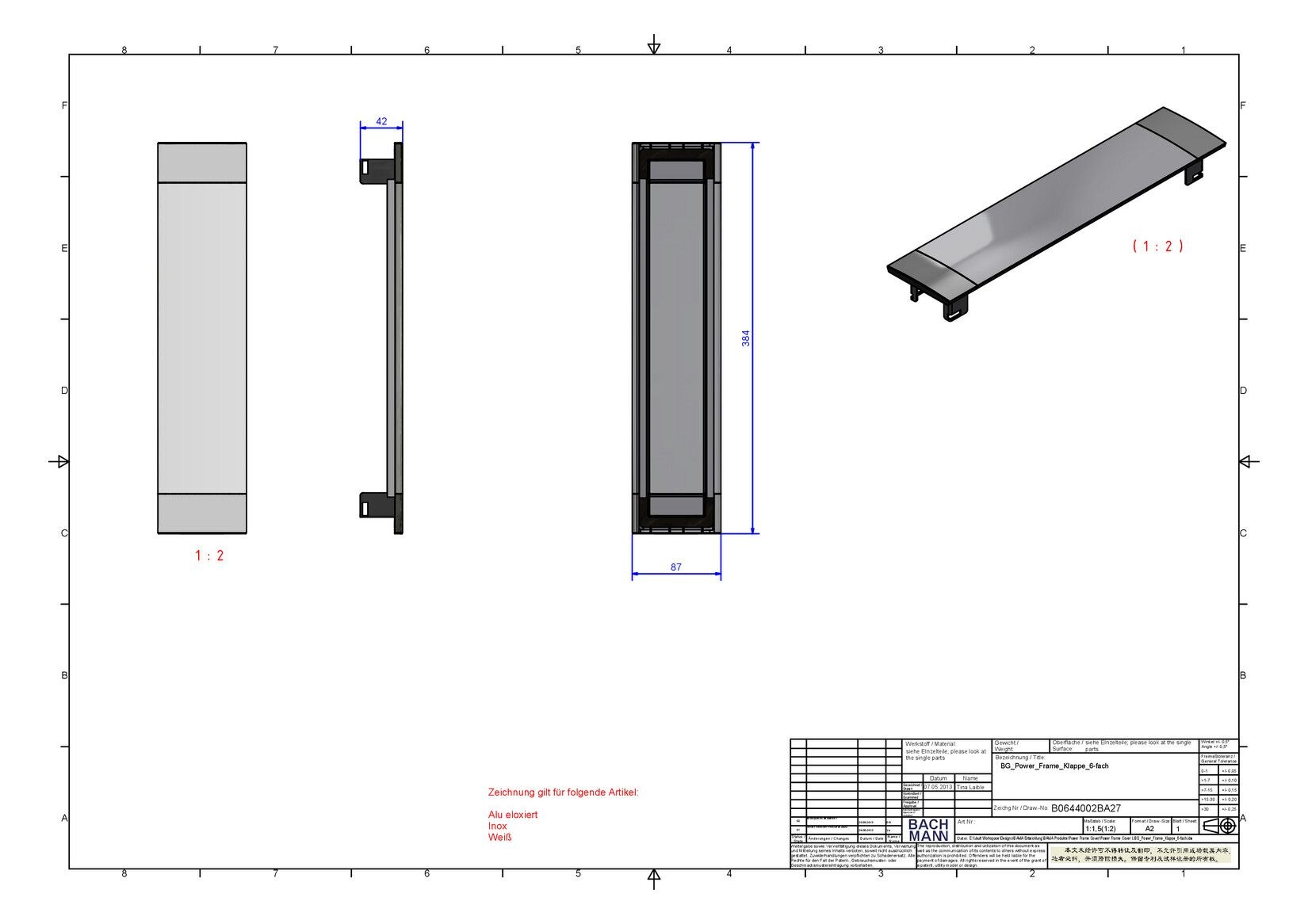 Bachmann Bachmann Leergehäuse Aluminium B383xH88xT42mm 915.510 ET42,9mm geschl