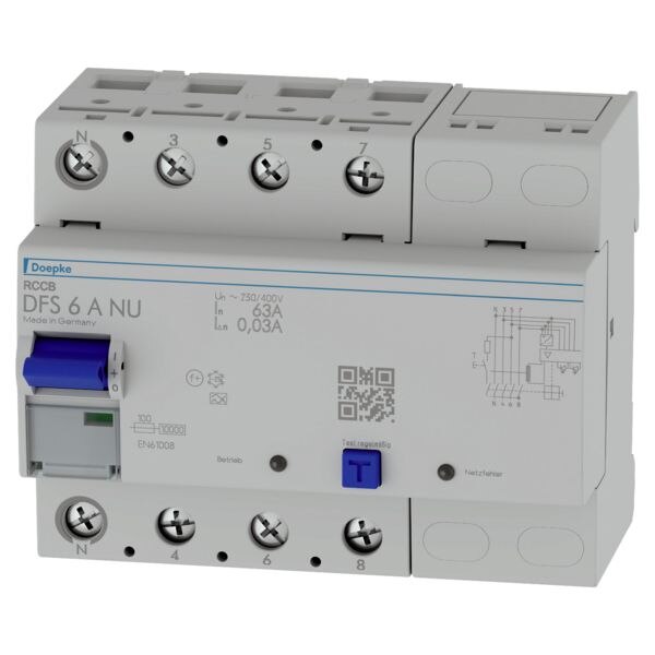 Doepke DOEPKE FI-Schutz mit Zusatz 4-polig 400V 63A DFS6 063-4/0,03-A NU 0,03A Reiheneinbaugerät A 6TE