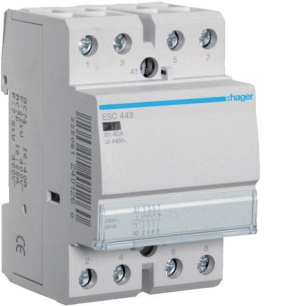 HAGER Installationsschütz 40A 230V/AC 3S ESC443 400V/UC 1Ö 4000W/AGL 1900VA/LL