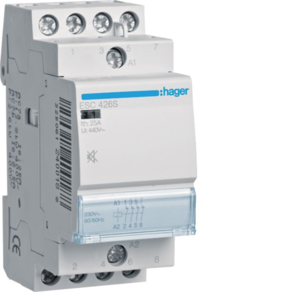HAGER Installationsschütz 25A 230V/UC 4Ö ESC426S 400V/UC 1900W/AGL 950VA/LL 2TE