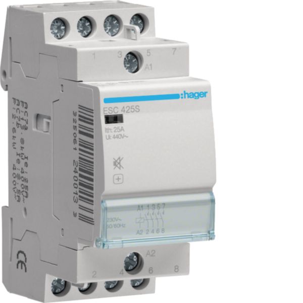 HAGER Installationsschütz 25A 230V/AC 4S ESC425S 400V/AC 1900W/AGL 950VA/LL 2TE