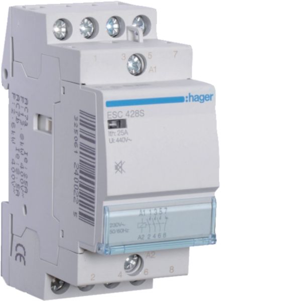 HAGER Installationsschütz 25A 230V/UC 3S ESC428S 400V/UC 1Ö 1900W/AGL 950VA/LL