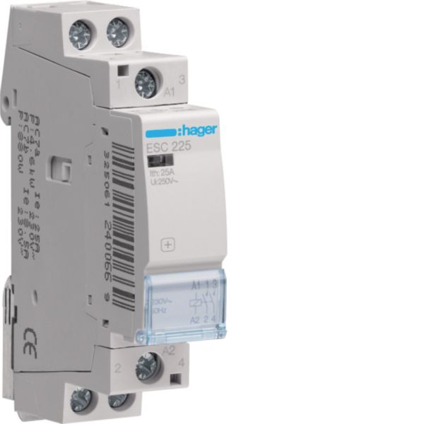 HAGER Installationsschütz 25A 230V/AC 2S ESC225 230V/UC 1900W/AGL 950VA/LL 1TE