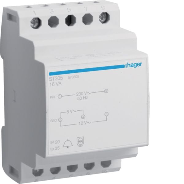 HAGER Klingeltransformator 230V 8/12V ST305 2/1,33A REG 3TE