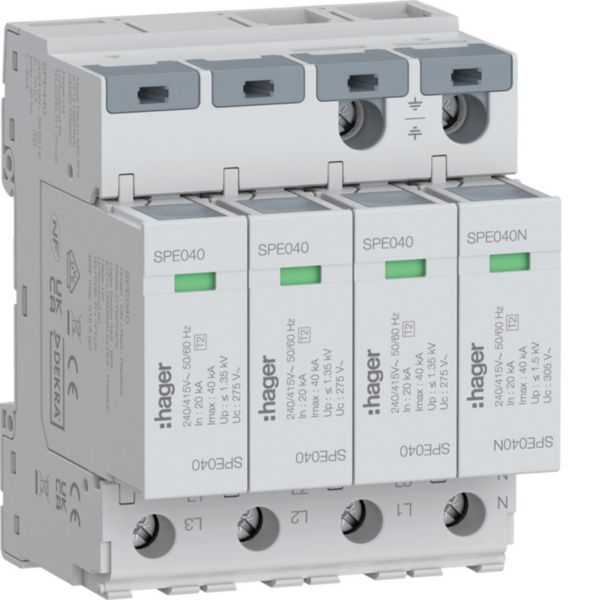 HAGER Überspannungsableiter 415VAC 4TE SPE440 Netzform-TN-S/TT 1,35kV TS35