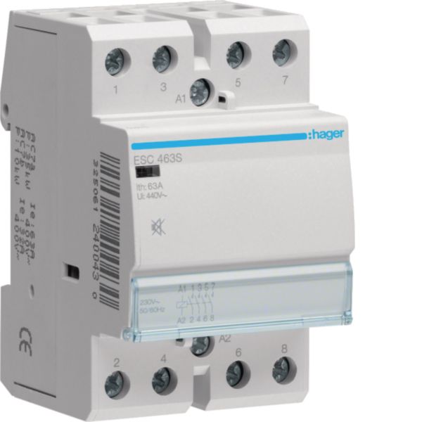 HAGER Installationsschütz 63A 230V/AC 4S ESC463S 400V/AC 6500W/AGL 3000VA/LL 3TE