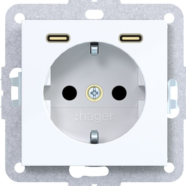 HAGER Steckdose 2-fach weiß glänzend 2USB-C Unterputz mit BS Ax/Cx WAS4055WG IP20 horizontal