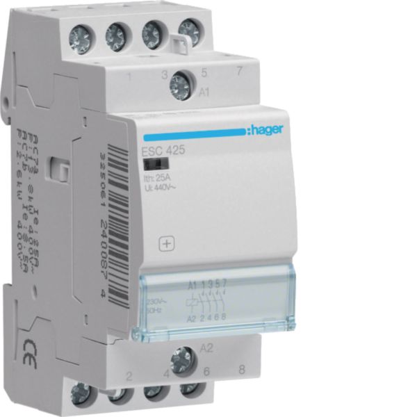 HAGER Installationsschütz 25A 230V/AC 4S ESC425 400V/UC 1900W/AGL 950VA/LL 2TE