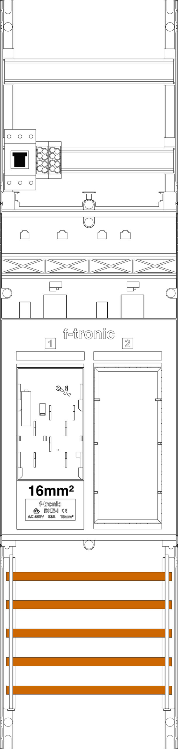 F-Tronic F-TRONIC Komplettfeld 63A 1Z eHZ mit Verdr ER6-16-HSP 1050x250mm SS_5p 300mm