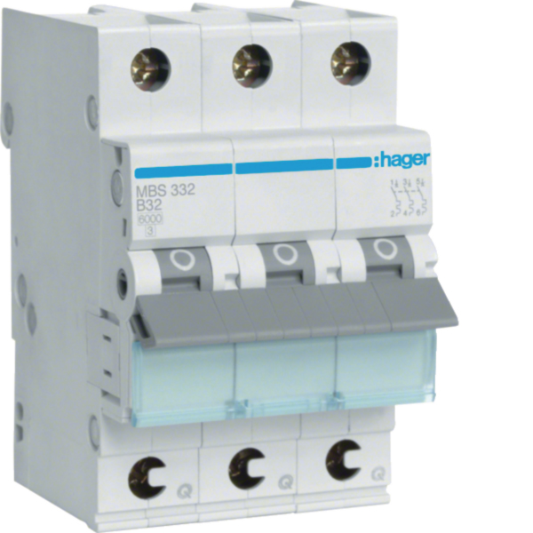HAGER Leitungsschutzschalter AC B 32A 3p MBS332 415V 3TE 50Hz Zusatzeinr mögl
