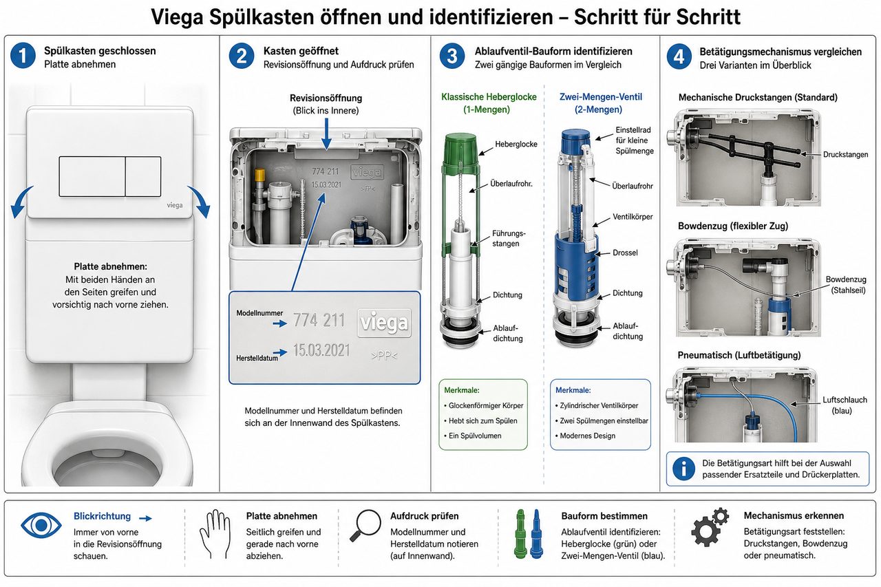 Anleitung zur Identifikation von Viega Spülkasten: Öffnung, Modellnummer, Ablaufventil und Betätigungsmechanismus