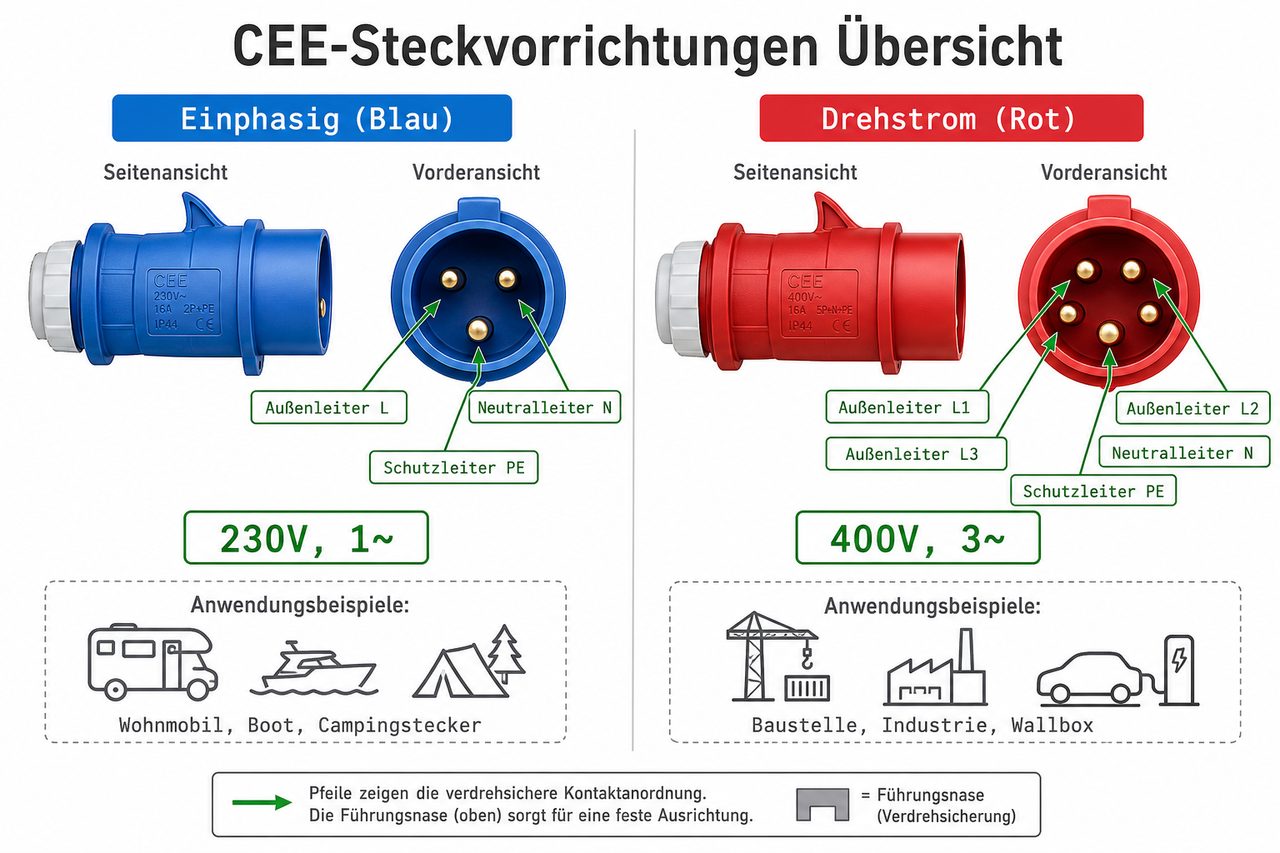 CEE-Steckvorrichtungen Vergleich: Einphasiger blauer CEE (230V, 1~) vs. Drehstrom roter CEE (400V, 3~) mit Kontaktbeschriftung
