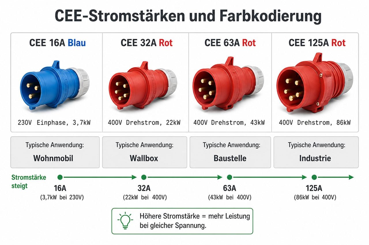 CEE-Stromstärken Übersicht: 16A Blau, 32A/63A/125A Rot mit Spannungen, Leistungen und Anwendungen