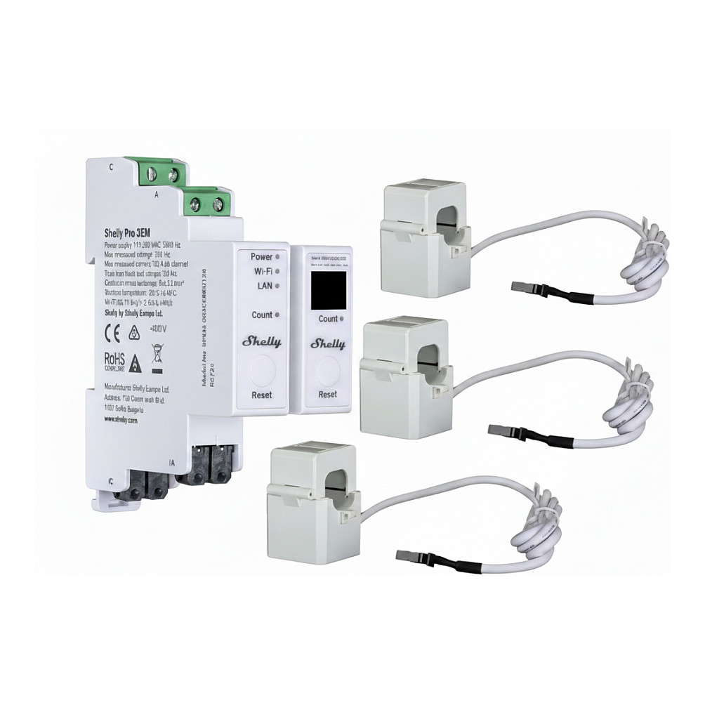 Shelly Shelly · Hutschiene · Pro 3EM 120A v2 · Stromzähler · inkl. 3x 120A Klemmen · Messfunktion · WLAN · LAN · BT