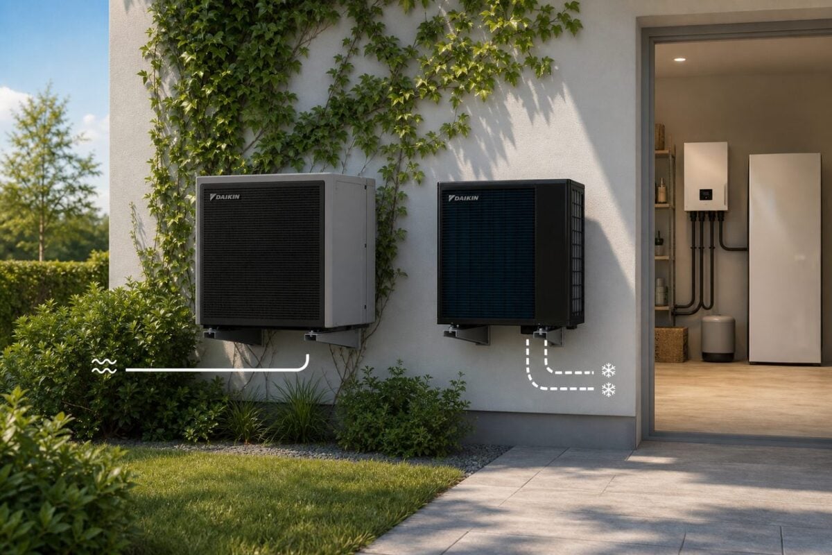 Monobloc oder Split-Wärmepumpe: Welcher Aufbau passt zu Ihrem Haus? – Daikin Altherma Wärmepumpen Monobloc und Split-System nebeneinander an Hausfassade mit Unterscheidung Wasserleitungen und Kältemittelleitungen