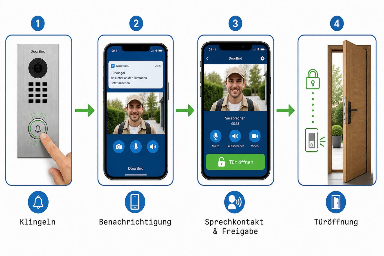 DoorBird Funktionsablauf: Klingeln, App-Benachrichtigung, Sprechkontakt und Türöffnung per Smartphone