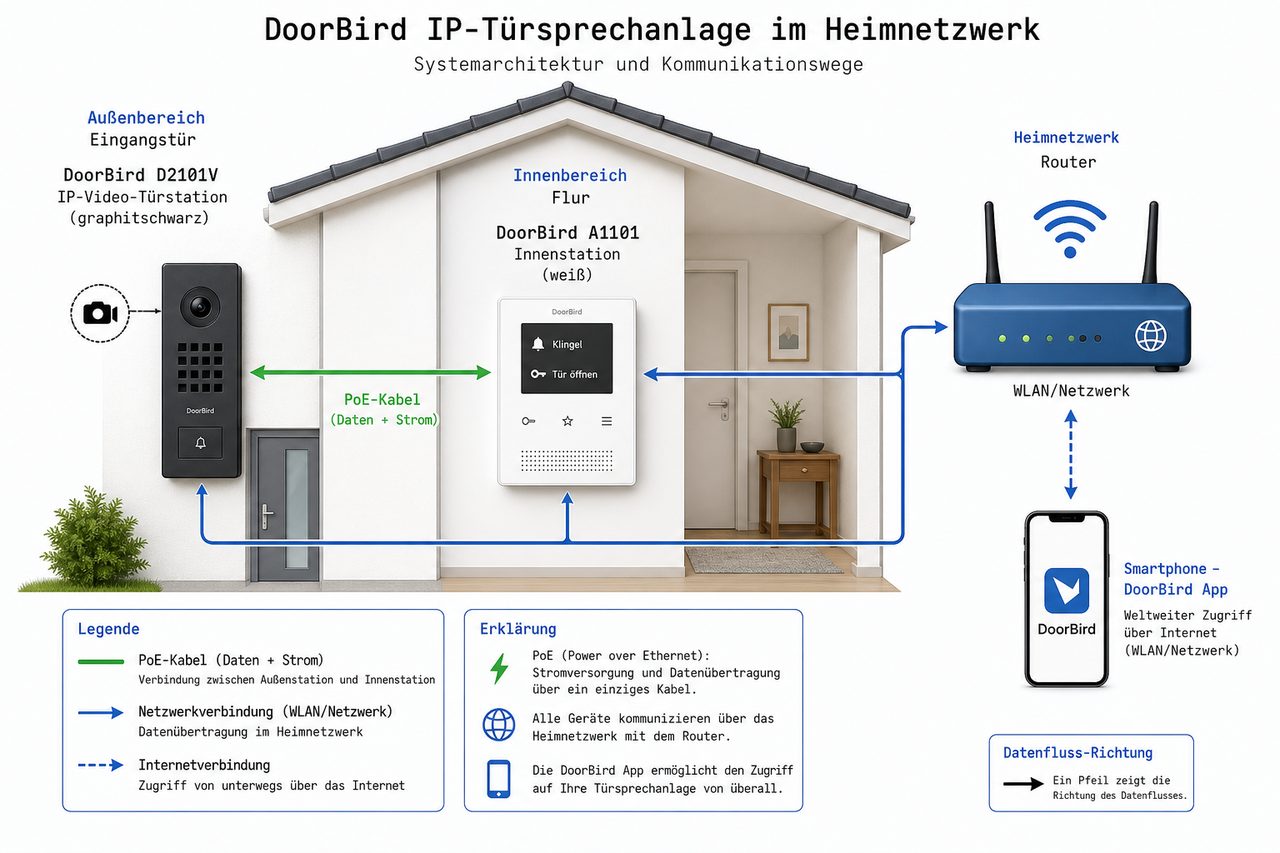 DoorBird Netzwerk-Architektur – Außenstation, Innenstation, PoE, WLAN und Smartphone-App