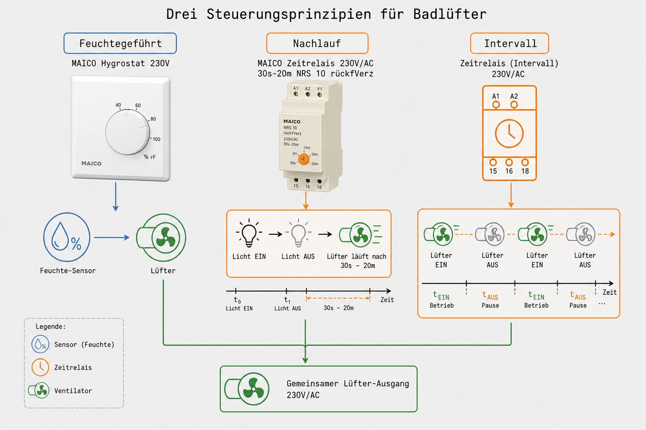 Drei Badlüfter-Steuerungsprinzipien: Feuchtegeführt, Nachlauf, Intervall mit MAICO-Komponenten