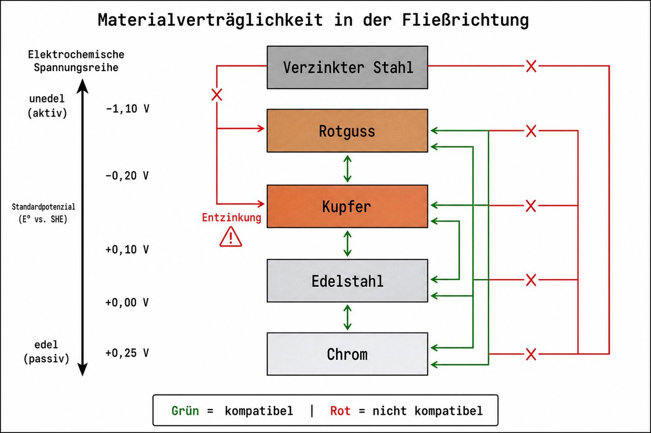Elektrochemische Spannungsreihe und Materialverträglichkeit für Trinkwasser-Fittings mit Kompatibilitätsmatrix