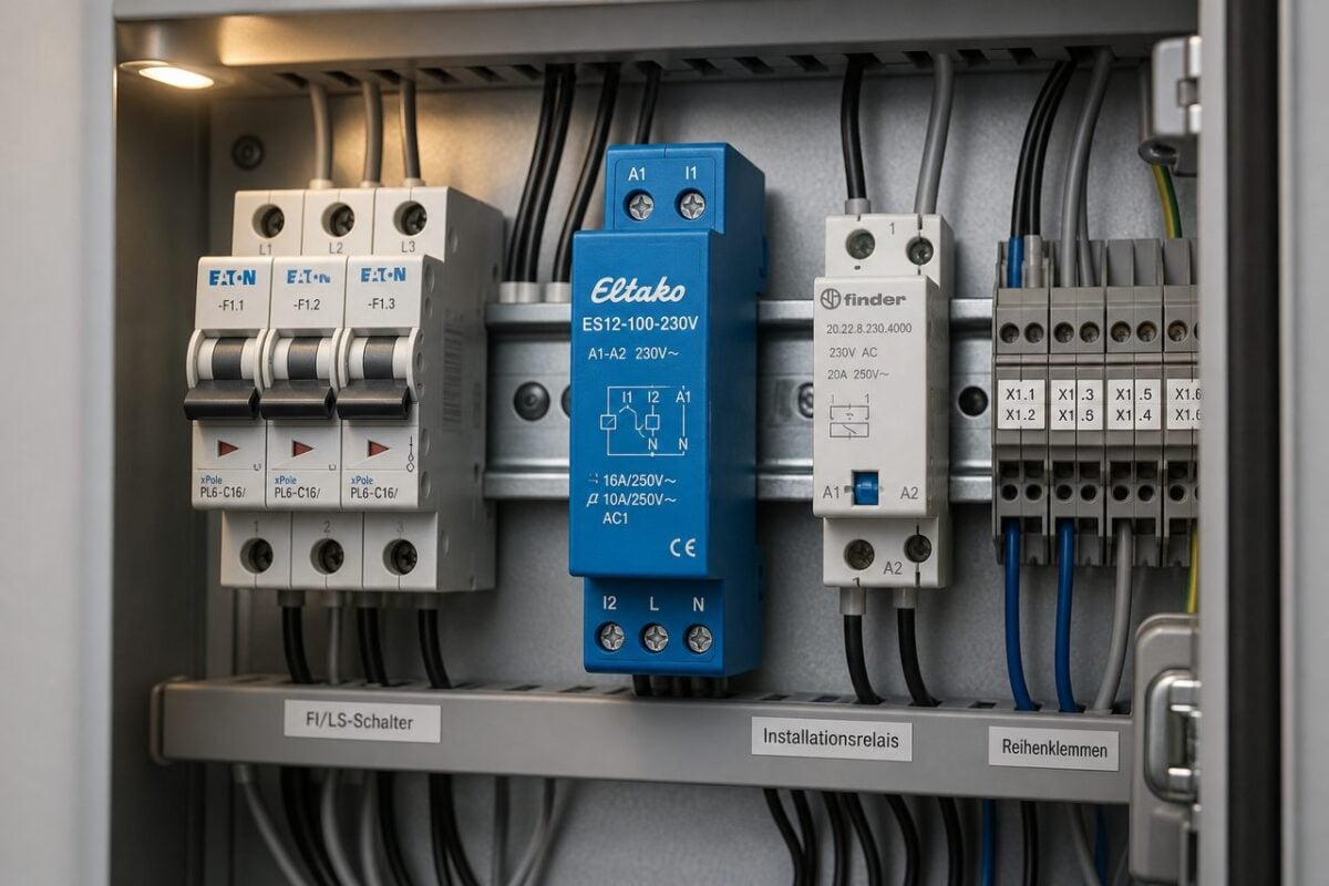 Stromstoßschalter und Schaltrelais von Eltako: Auswahlhilfe für die Hutschiene – Eltako ES12-100-230V Stromstoßschalter in Elektroverteilung auf Hutschiene mit Leitungsschutzschaltern und Installationszubehör