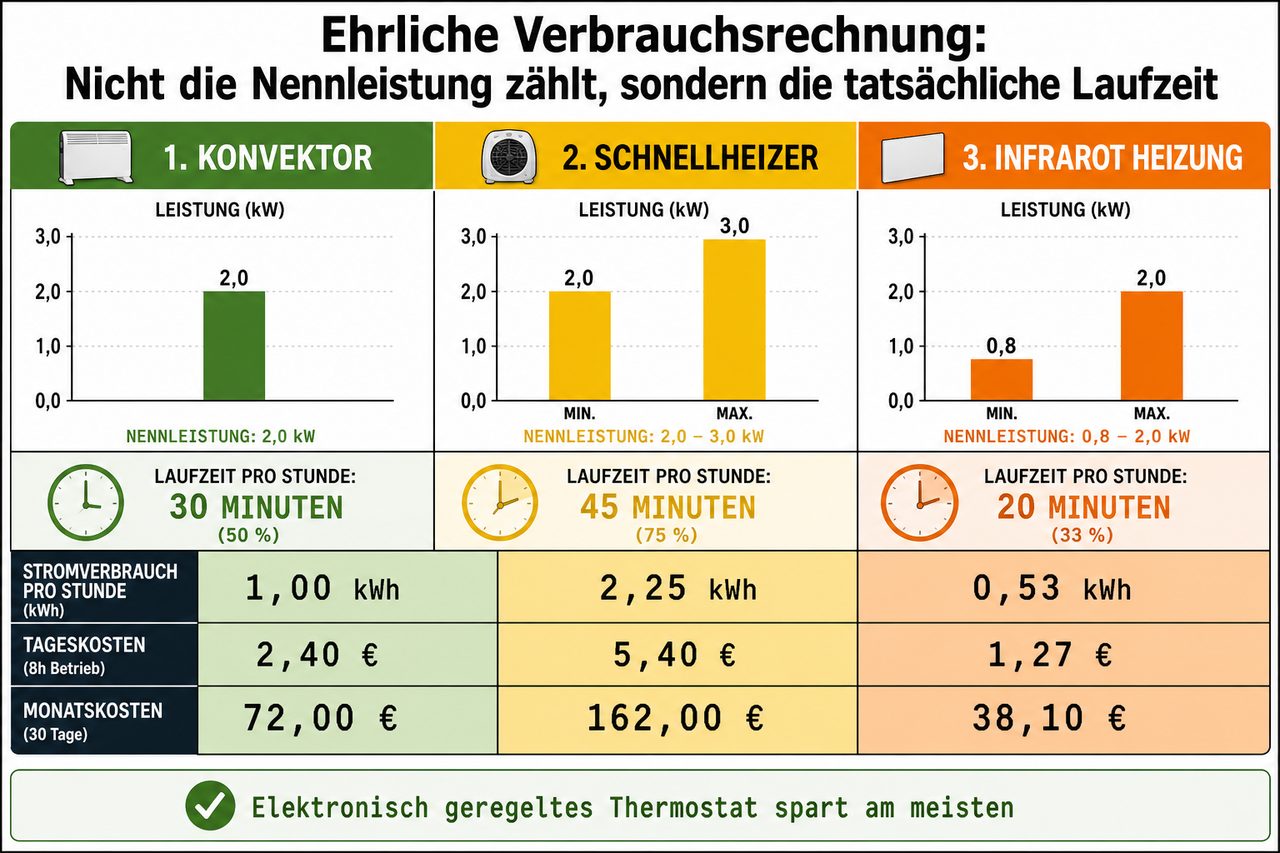 Energieverbrauch und Betriebskosten Vergleich: Konvektor, Schnellheizer, Infrarotpaneel – Laufzeit und Stromkosten