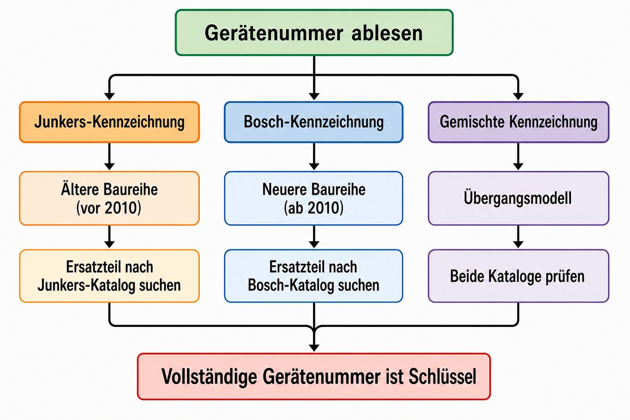 Entscheidungsbaum zur Ersatzteilbestimmung von Junkers Bosch Heizthermen basierend auf Gerätenummer und Kennzeichnung