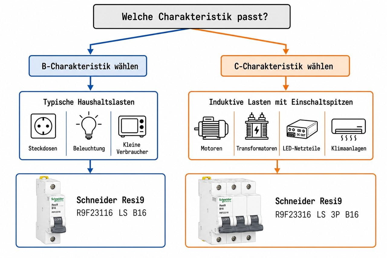 Entscheidungsdiagramm B- oder C-Charakteristik – Anwendungsauswahl für Sicherungsautomaten