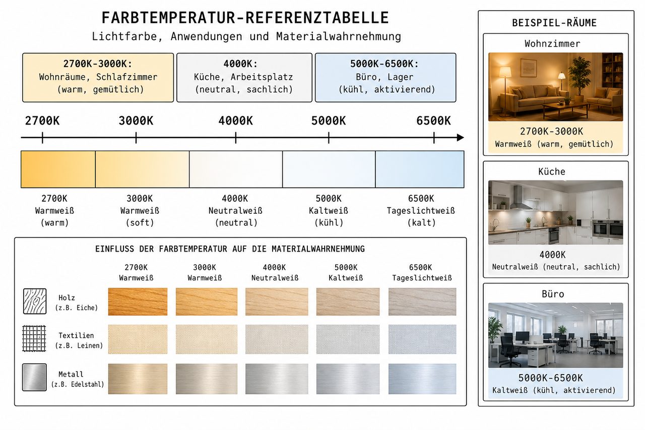 Farbtemperatur-Referenztabelle von 2700K bis 6500K Kelvin mit Anwendungsbereichen und Raumbeispielen