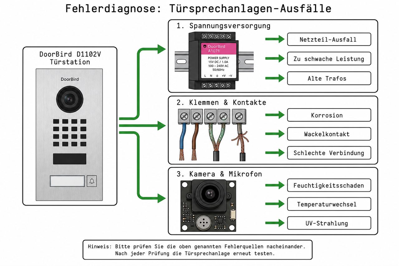Fehlerdiagnose-Schaubild Türsprechanlage: Spannungsversorgung, Klemmen und Kamera-Mikrofon Fehlerquellen