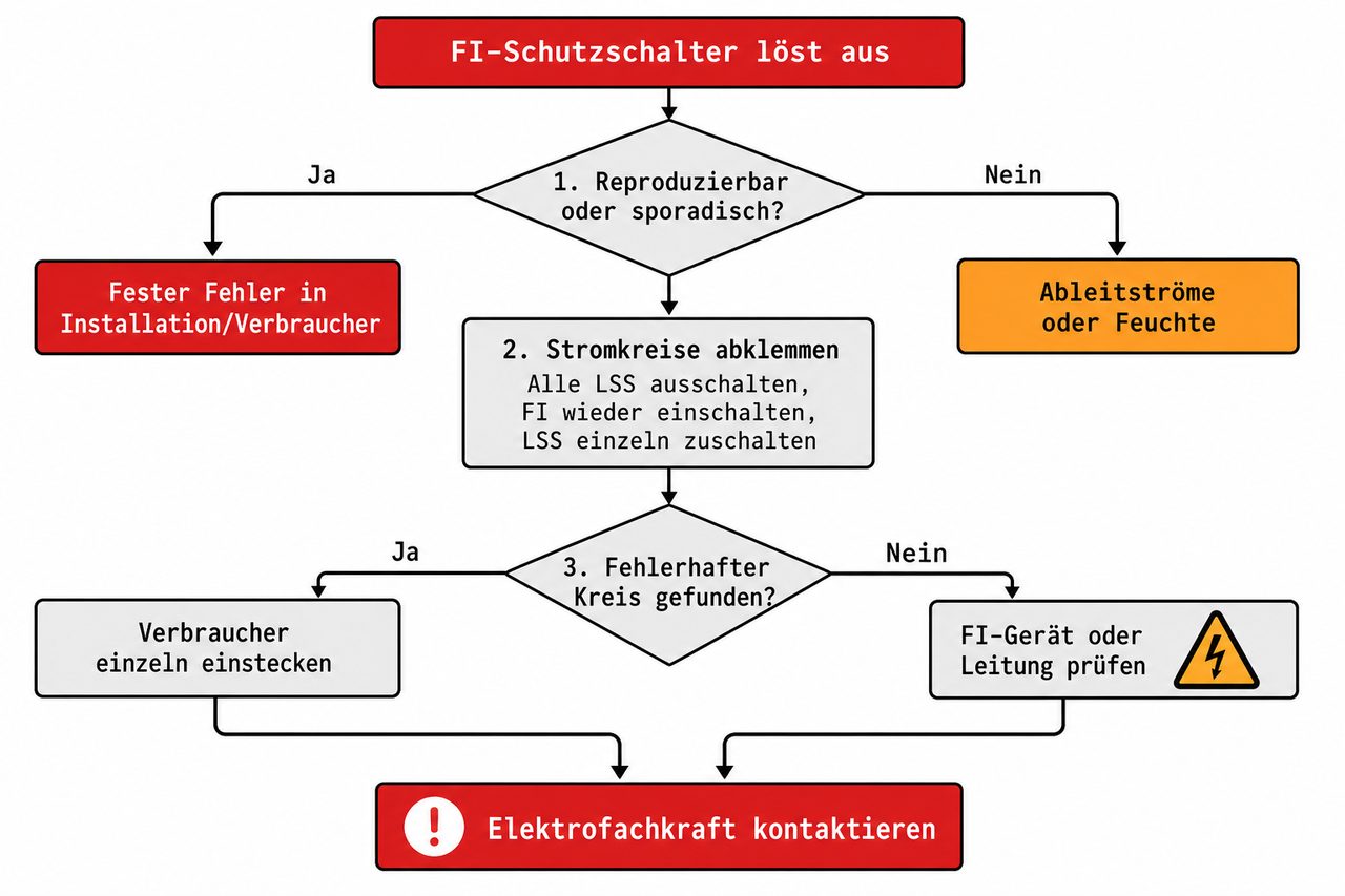 FI-Schutzschalter Diagnose-Ablaufdiagramm - Systematische Fehlersuche und Eingrenzen