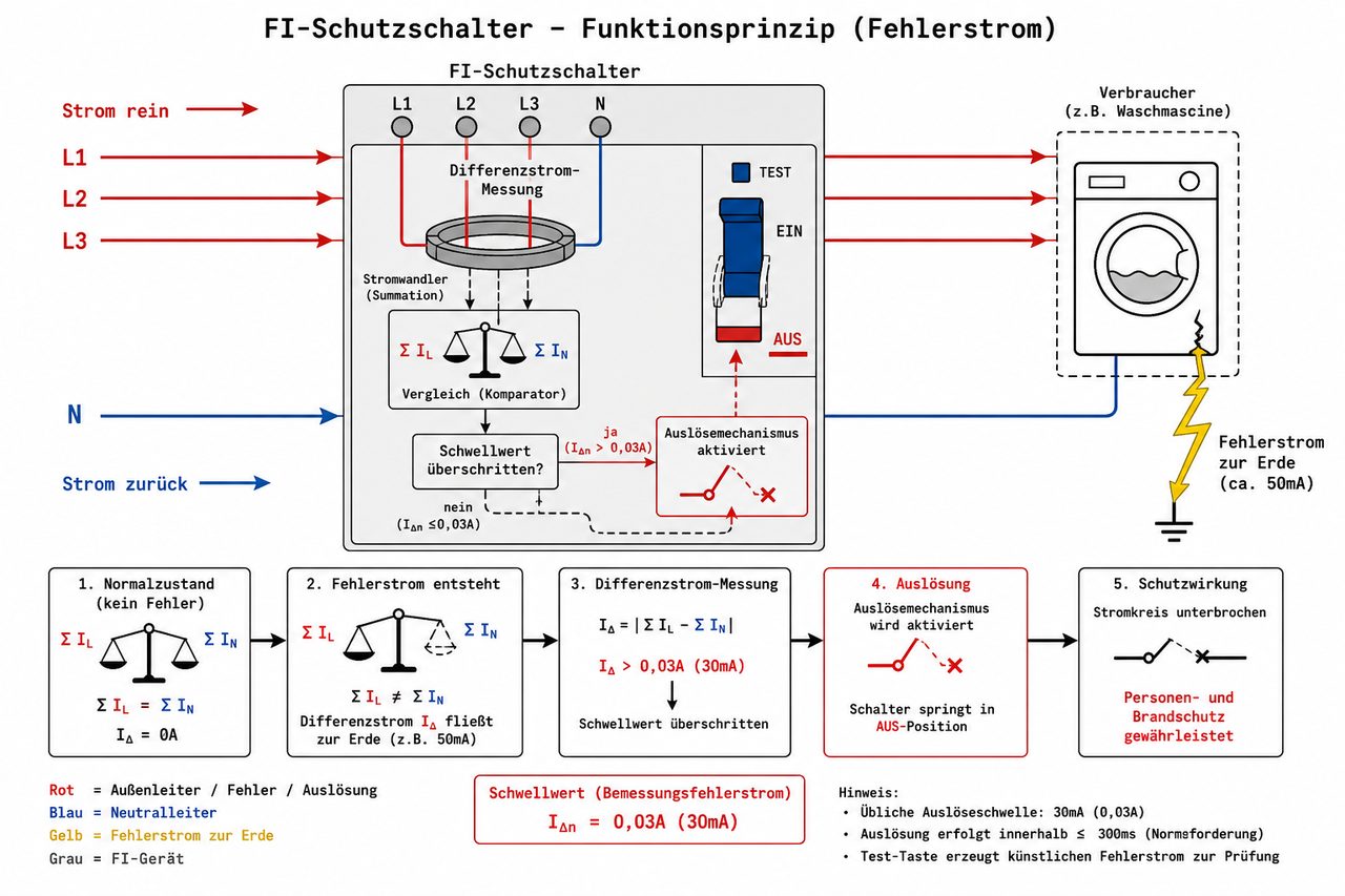 FI-Schutzschalter Funktionsprinzip - Fehlerstrom-Messung und Auslösemechanismus erklärt