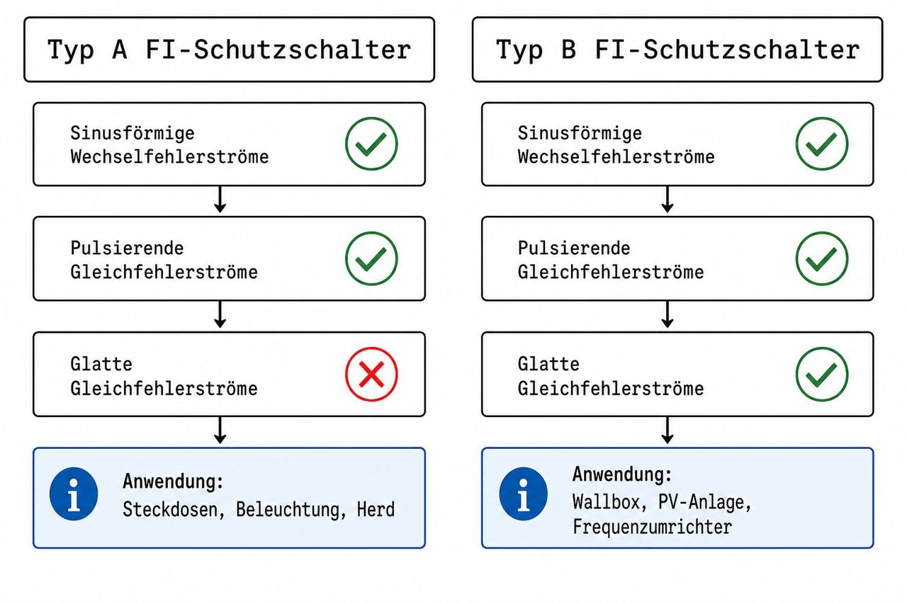 FI-Schutzschalter Typ A vs. Typ B Vergleichstabelle – Erkannte Fehlerströme und Anwendungsbereiche