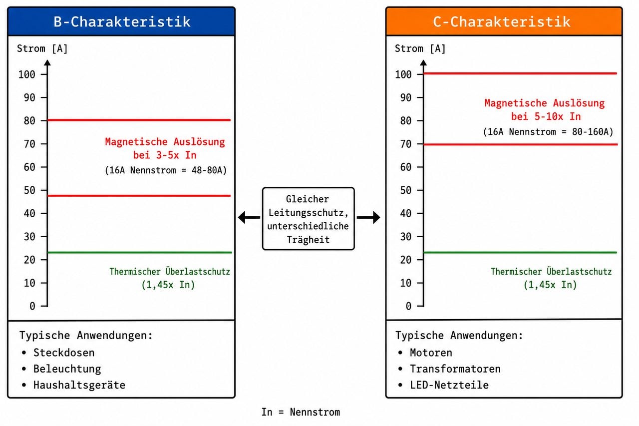 Funktionsdiagramm B- und C-Charakteristik Auslöseverhalten – Stromstärke und Auslösepunkte Vergleich