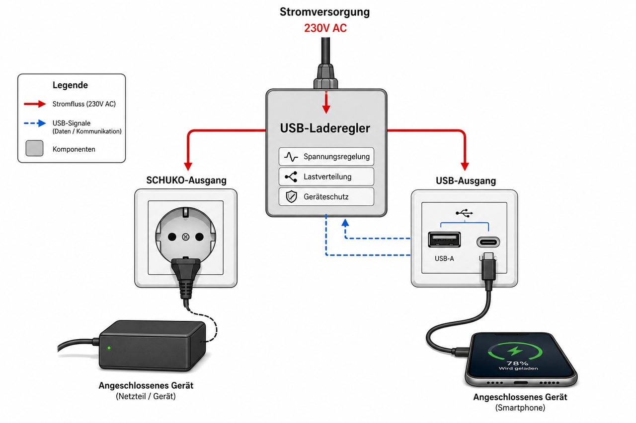 Funktionsschema: Stromversorgung und Ladestrom in USB-C Wandsteckdosen mit Spannungsregelung