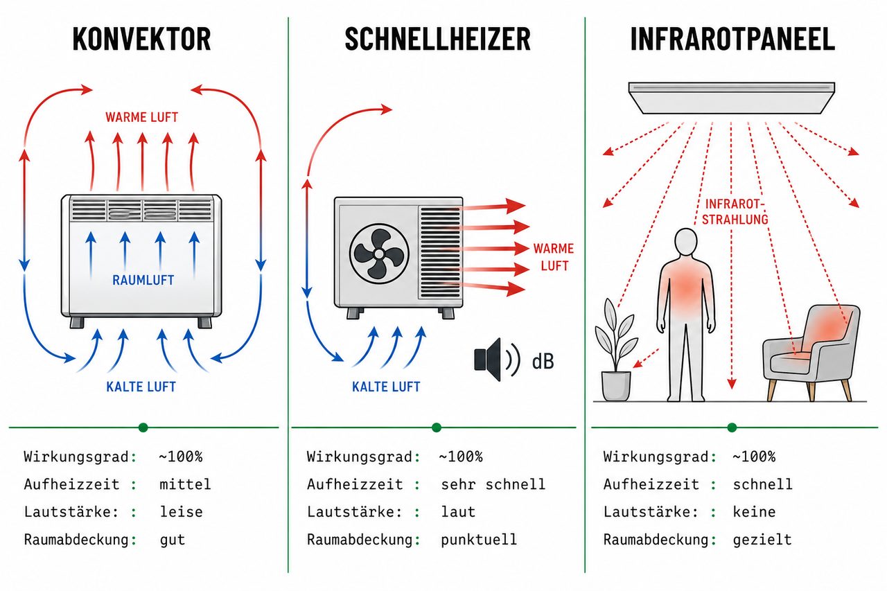 Funktionsvergleich-Diagramm: Konvektor, Schnellheizer und Infrarotpaneel – Wärmezirkulation und Eigenschaften