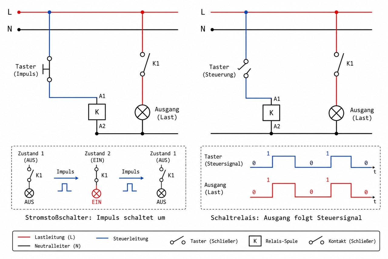 Funktionsvergleich Stromstoßschalter vs. Schaltrelais Schaltdiagramm mit Impulsfunktion und Dauersteuerung