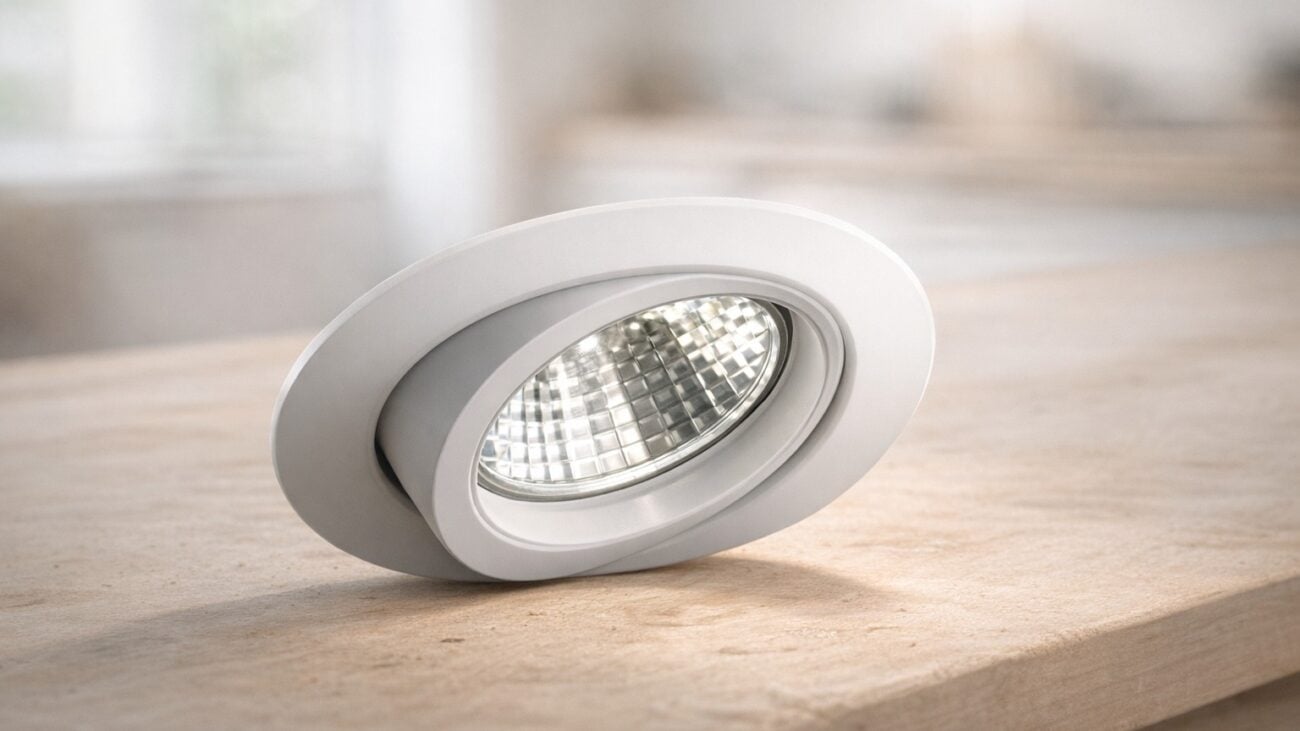 Flurdecke mit LED-Einbaustrahlern und Lichtkegeln an der Wand