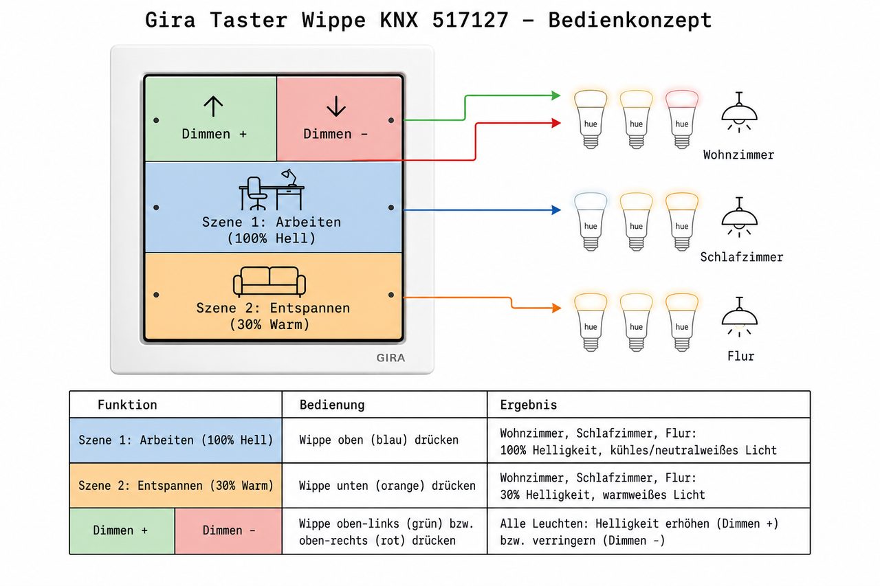 Gira KNX Taster Bedienkonzept: Vier Funktionen für Hue-Szenen und Dimmfunktionen