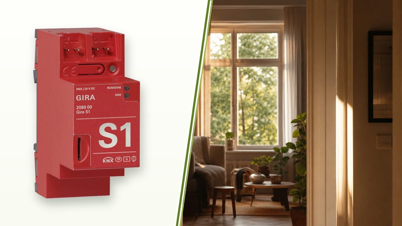 Sicherer Fernzugriff auf dein KNX-Haus: Gira S1 statt Portfreigabe – Gira S1 Hutschienengerät mit Smartphone und Router in modernem Wohnzimmer – sicherer KNX-Fernzugriff ohne Portfreigabe