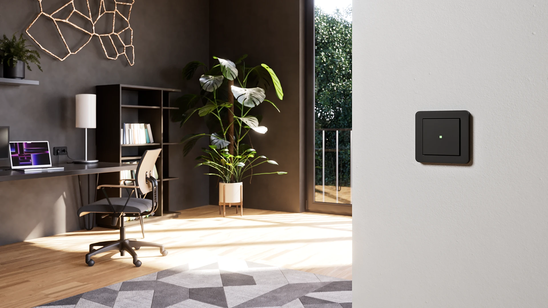 Gira Lichtschalter in Schwarz matt an einer Wand im Wohnraum