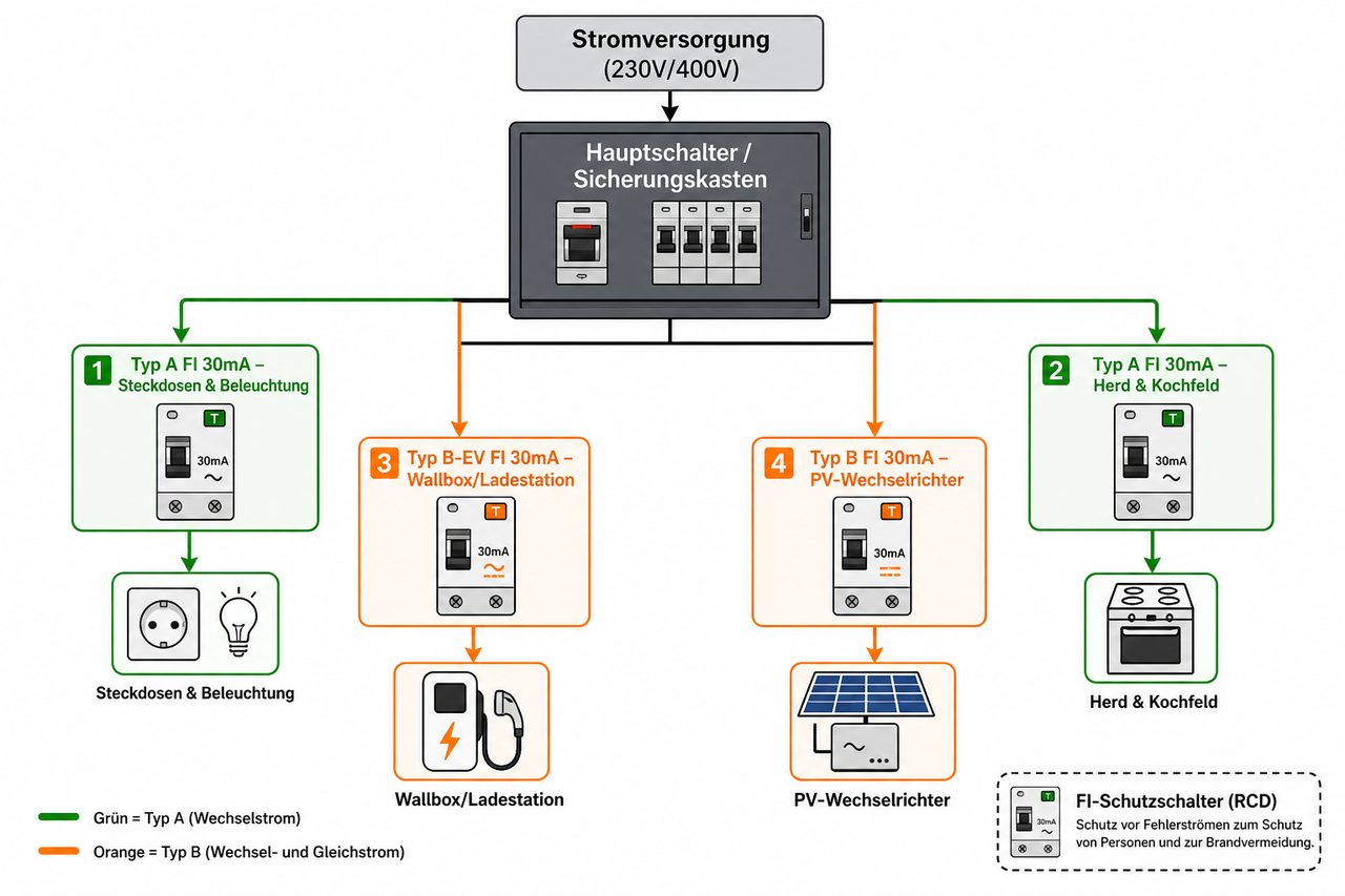 Hausinstallation Stromkreis-Schaubild mit FI-Schutzschaltern – Typ A für Standard-Verbraucher, Typ B für Wallbox und PV