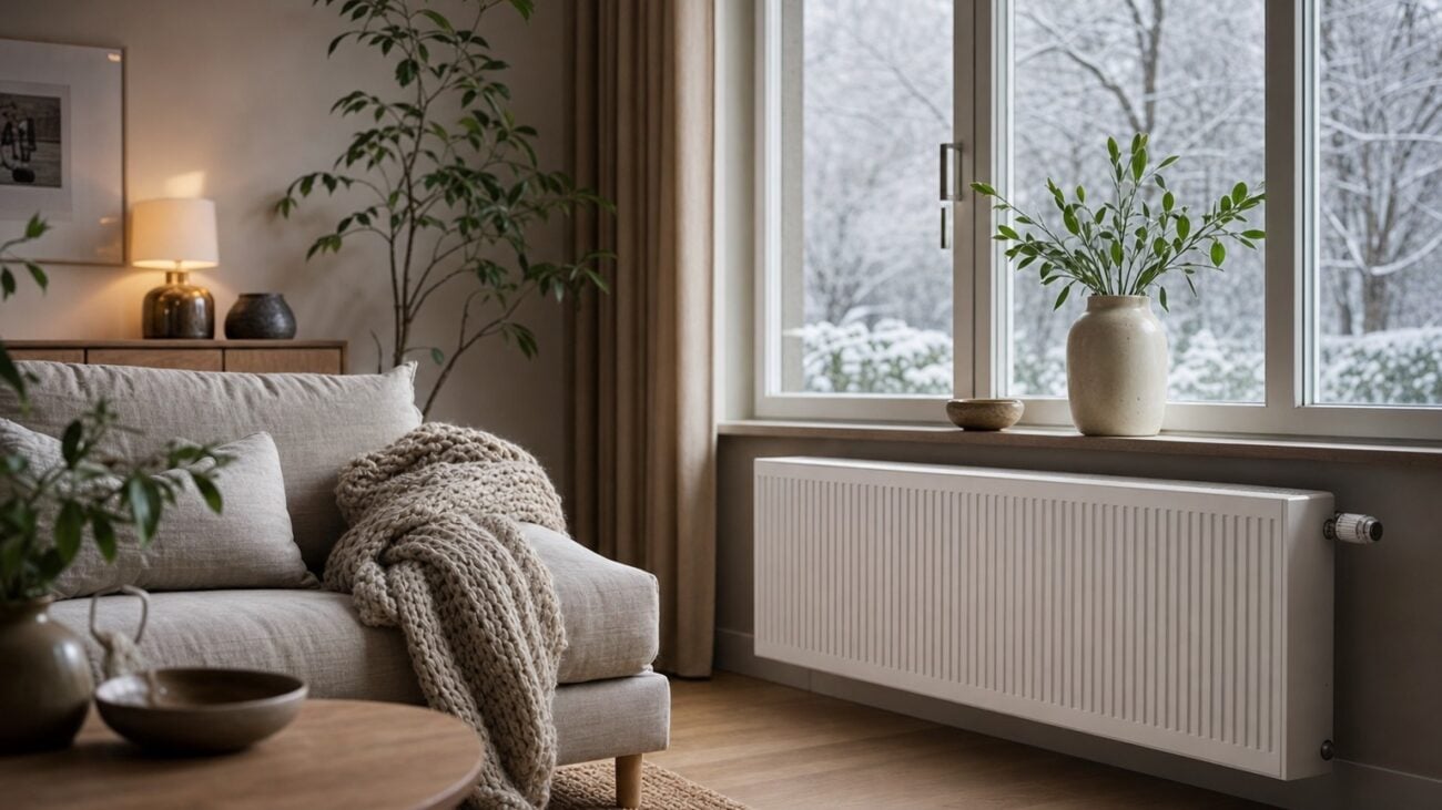 Heizkörper mit Thermostat im gemütlichen Wohnzimmer – Homematic IP Heizkörperthermostat