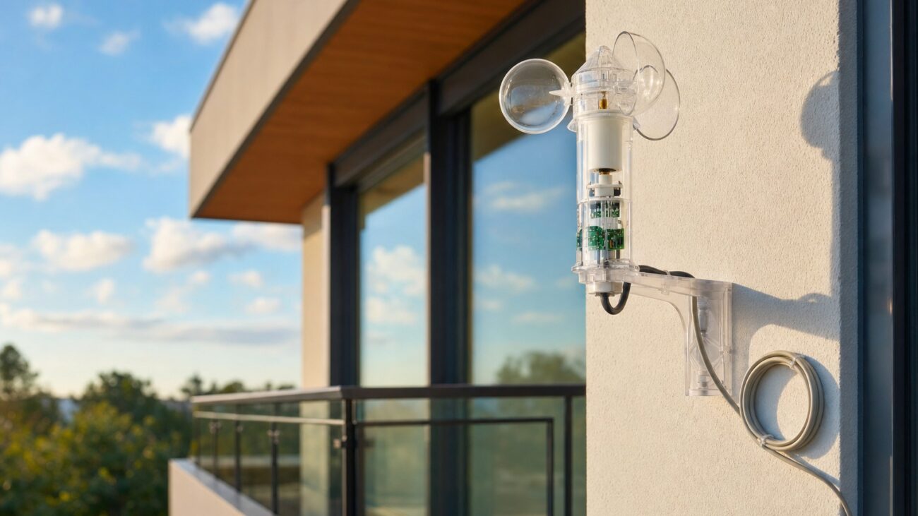 KNX-Wetterstation an einer modernen Hausfassade mit Balkon und blauem Himmel